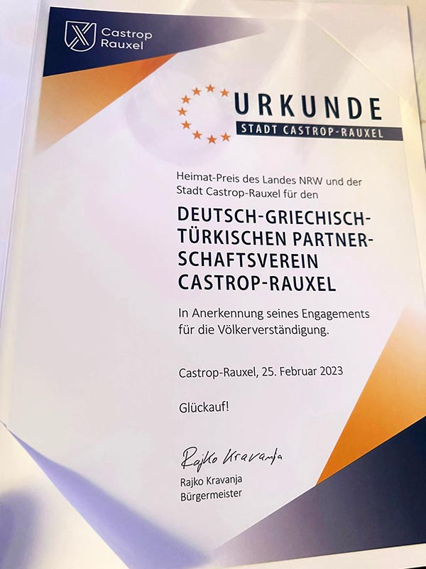 Urkunde Heimatpreis an den DGT-Städtepartnerschaftsverein, Castrop-Rauxel